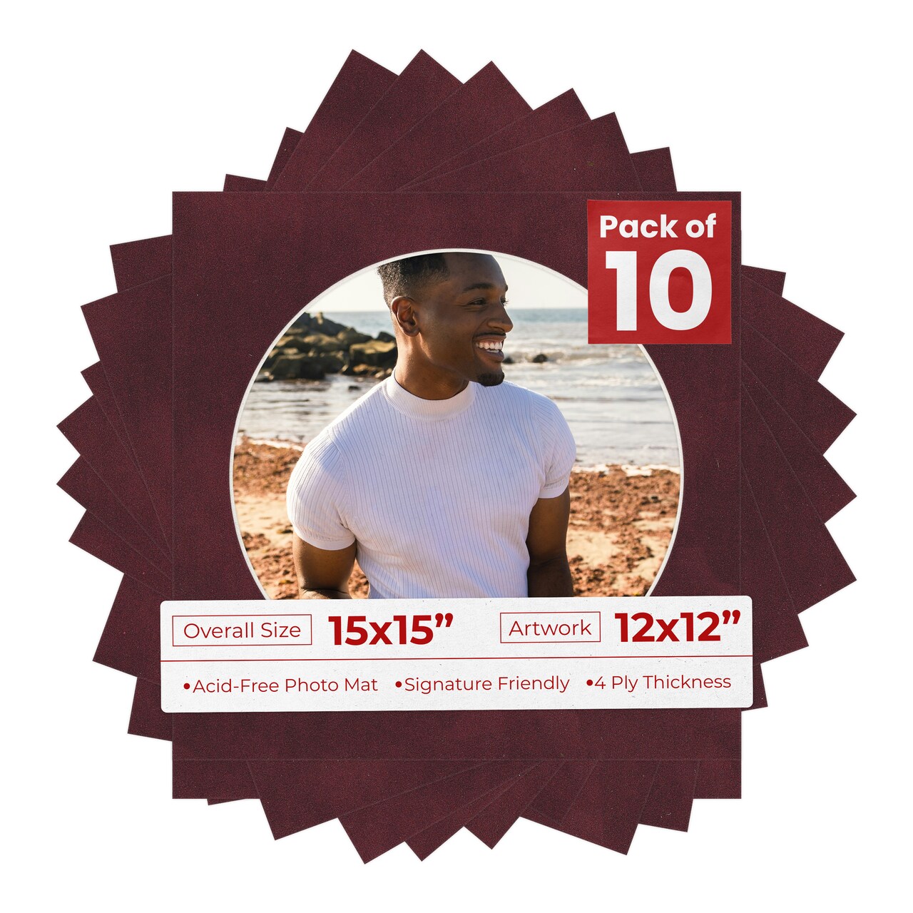 Dark Red Suede Mat Board for 15x15 Frames - Circle Opening for 12x12 Photos